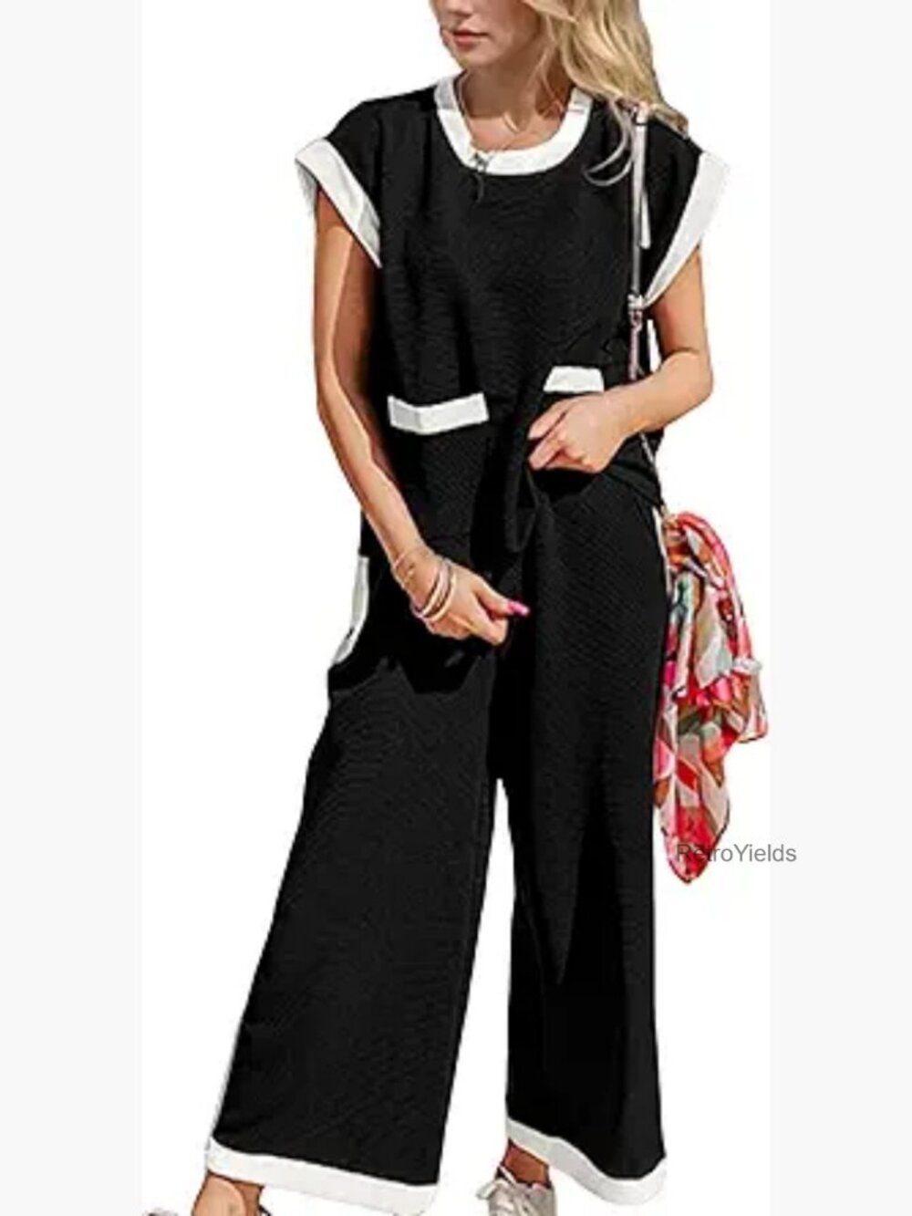 2 Piece Color Block Lounge Set Short Sleeve Tee Wide Leg Pants Tracksuit